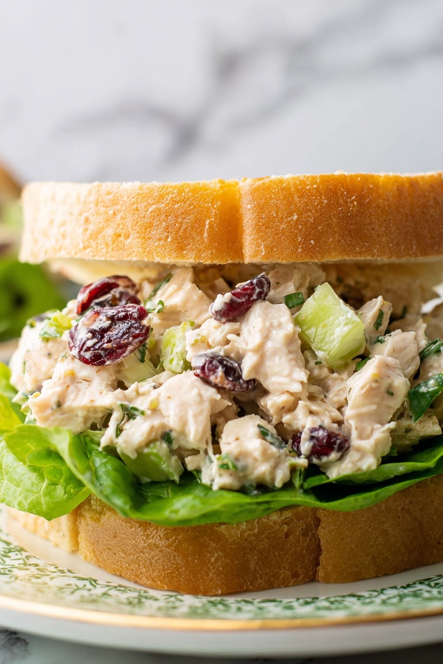 A chicken salad sandwich is shown on a white marbled surface, placed on a white plate with green stripes. The sandwich has two layers of soft, light brown bread slices. The bottom slice is layered with fresh, crisp green lettuce leaves. On top of the lettuce is a thick, creamy chicken salad mix containing small white chicken chunks, light green celery pieces, dark red dried cranberries, and flecks of green herbs, with a smooth texture holding it together. The top bread slice leans slightly open, revealing the filling inside. In the background, there is a white bowl filled with more chicken salad. photo taken with an iphone --ar 2:3 --v 7