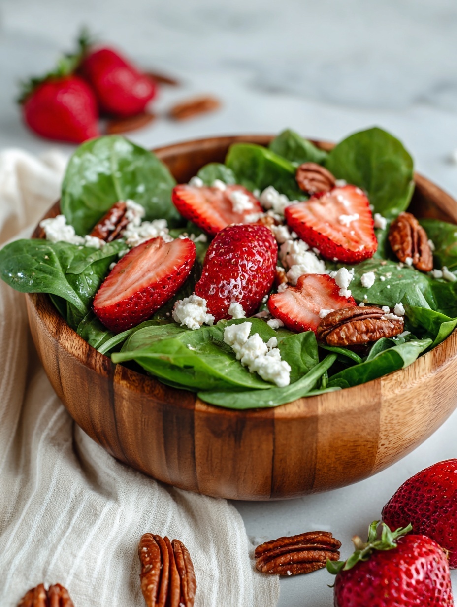 A wooden bowl filled with a fresh salad consisting of a vibrant green spinach leaf base, topped with bright red sliced strawberries scattered evenly. Small chunks of white cheese are sprinkled over the top, along with dark brown pecans spread throughout. The bowl sits on a soft white cloth, surrounded by whole strawberries and some cheese pieces on a white marbled surface, creating a natural and colorful scene. Photo taken with an iphone --ar 2:3 --v 7