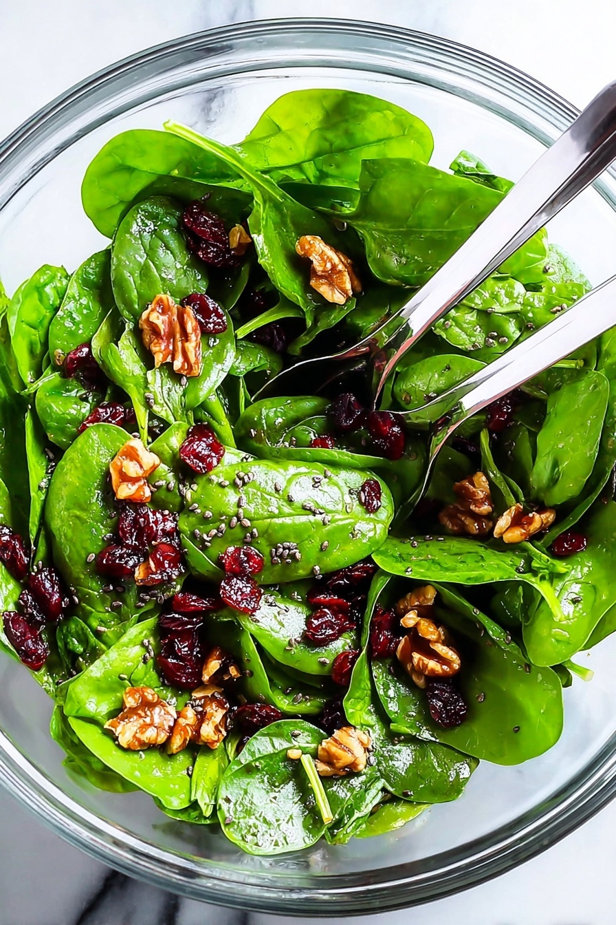 The image shows a clear glass bowl filled with a fresh spinach salad. The base layer is bright green spinach leaves, large and fresh, spread evenly across the bowl. On top, there are small pieces of reddish dried cranberries scattered throughout and light brown pecan chunks adding texture. Tiny black poppy seeds are sprinkled all over the salad, giving it a speckled look. A pair of black and silver salad tongs rests inside the bowl mixing the salad. The bowl sits on a white marbled surface. photo taken with an iphone --ar 2:3 --v 7