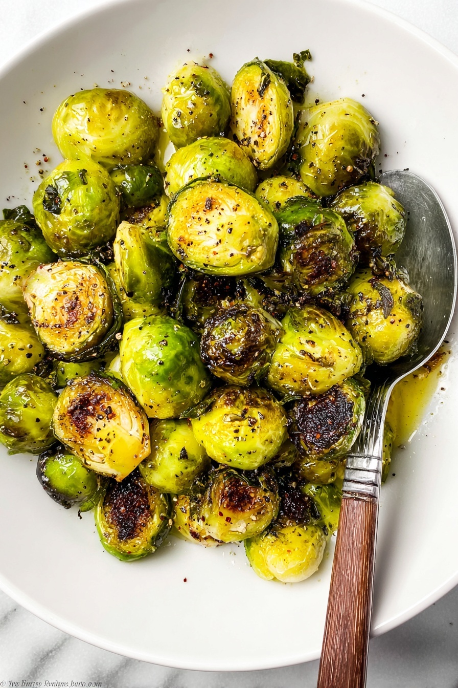 A white bowl filled with roasted Brussels sprouts, showing around three layers of bright green sprouts with brown, crispy spots from roasting on their rounded tops and sides. The Brussels sprouts have some black pepper and light yellow bits of seasoning on them. A silver spoon with a wooden handle is scooping some of the sprouts from the bowl. The bowl sits on a white marbled surface. photo taken with an iphone --ar 2:3 --v 7