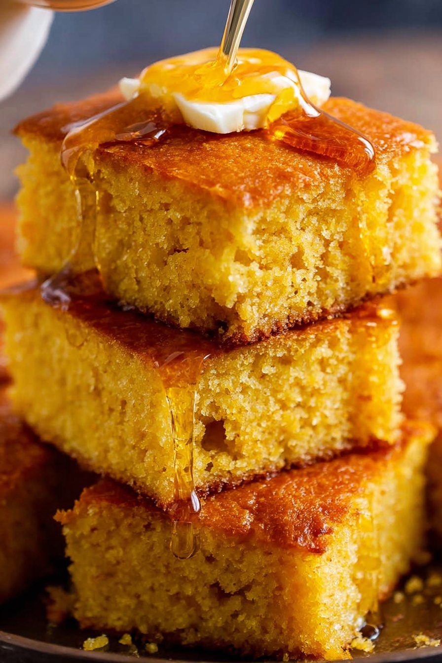 A close-up of square pieces of golden yellow cornbread stacked on each other on a white marbled surface. The top piece has a small square of melted butter sitting in the center, with honey glistening and dripping down the edges, adding a shiny texture. Each cornbread piece has a slightly rough and crumbly texture with a light brown crust on top. The background remains soft and blurred, focusing attention on the cornbread. photo taken with an iphone --ar 2:3 --v 7