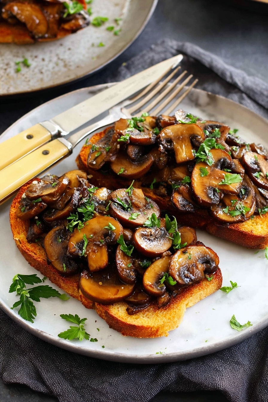 A single piece of golden toasted bread forms the base layer on a white plate, topped generously with a thick layer of sautéed brown mushrooms. The mushrooms are cooked to a mix of light and dark brown, some with slightly crisp edges, scattered with fresh chopped green parsley leaves for color contrast. A small sprig of thyme lays on top, adding visual interest. Beside the toast and mushrooms, a silver fork rests on the plate’s edge. The plate sits on a dark cloth over a white marbled surface. In the blurred background, there is another white plate with a similar mushroom toast. Photo taken with an iphone --ar 2:3 --v 7