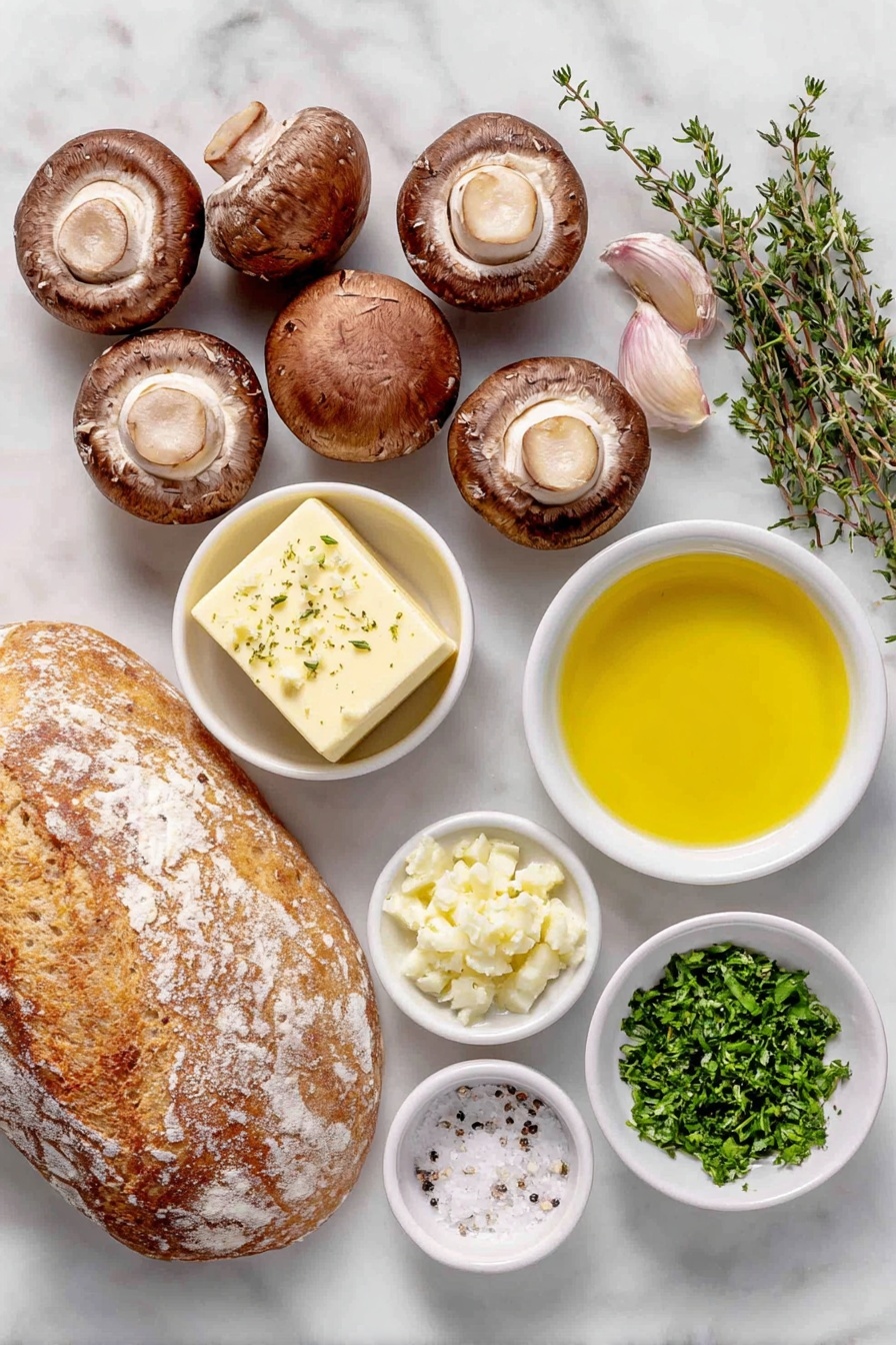 Flat lay of fresh chestnut mushrooms sliced thickly, a few sprigs of green thyme, three whole uncracked garlic cloves, a handful of chopped flatleaf parsley on a small white ceramic bowl, a small white bowl with golden olive oil, a small white bowl with a chunk of salted butter, four slices of rustic sourdough bread arranged symmetrically on a simple white ceramic plate, a small white bowl containing sea salt crystals, a small white bowl with freshly ground black pepper, placed on a clean white marble surface, soft natural light, photo taken with an iPhone, professional food photography style, fresh ingredients, white ceramic bowls, no bottles, no duplicates, no utensils, no packaging --ar 2:3 --v 7 --p m7354615311229779997