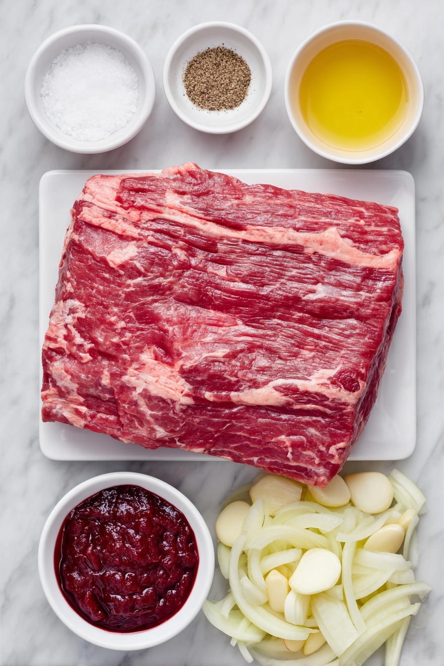 Flat lay of a large raw beef brisket with a thin layer of fat, a pile of medium yellow onions halved and quarter-inch sliced, six whole uncracked garlic cloves, a few thick peeled and trimmed orange carrot chunks, a small white bowl filled with coarse kosher salt, a small white bowl with freshly ground black pepper, a small white bowl containing deep red tomato paste, and a small white bowl with golden vegetable oil, all arranged symmetrically on a clean white marble surface, soft natural light, photo taken with an iPhone, professional food photography style, fresh ingredients, white ceramic bowls, no bottles, no duplicates, no utensils, no packaging --ar 2:3 --v 7 --p m7354615311229779997