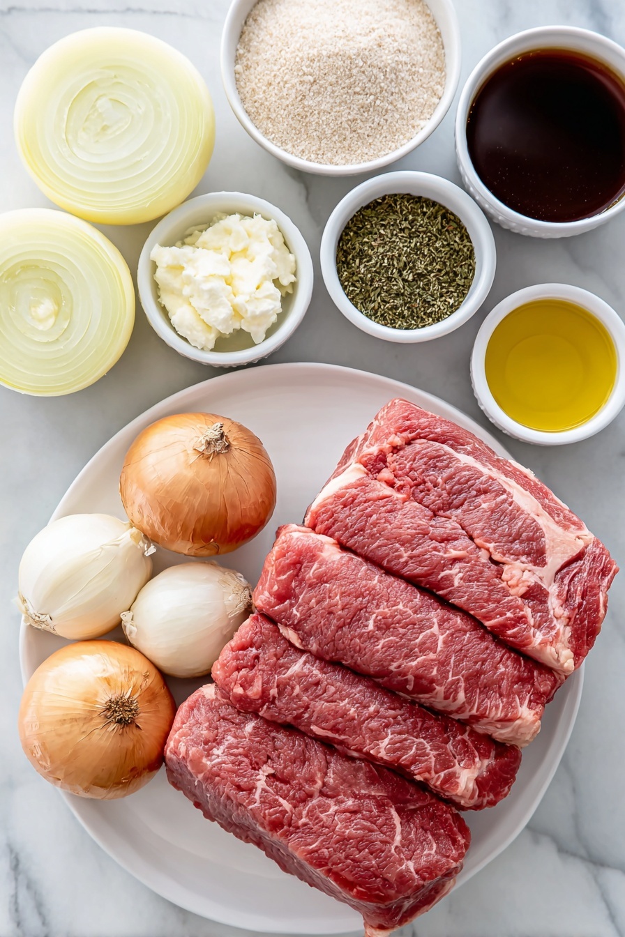 Flat lay of a large raw chuck roast with natural marbling, three large halved and thick-sliced yellow onions, three whole uncracked brown garlic cloves, small white ceramic bowls each containing dried oregano, dried thyme, salt, black pepper, all-purpose flour, golden olive oil, rich dark beef broth, deep red wine, and dark brown Worcestershire sauce, all ingredients arranged symmetrically and balanced, placed on a clean white marble surface, soft natural light, photo taken with an iPhone, professional food photography style, fresh ingredients, white ceramic bowls, no bottles, no duplicates, no utensils, no packaging --ar 2:3 --v 7 --p m7354615311229779997