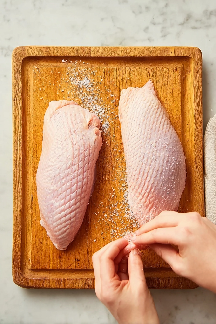 Two raw duck breasts with pale pink skin and diamond-shaped cuts are placed side by side on a wooden cutting board with a warm tone and visible grain. A woman's hand is adding salt to the duck breast on the right, with fingers close together and slightly bent. The cutting board rests on a white marbled surface. The lighting is soft and natural, highlighting the texture of the duck skin and wood grain. photo taken with an iphone --ar 2:3 --v 7