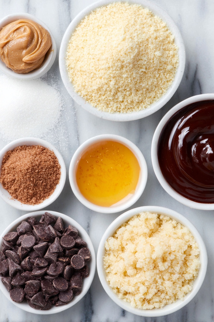 Flat lay of a small mound of almond flour, a smaller mound of coconut flour, a small white ceramic bowl filled with ground ginger, a similar bowl with ground cinnamon, a tiny bowl containing salt crystals, a dollop of creamy almond butter on a white ceramic dish, a small white bowl holding golden honey, another small white bowl with dark molasses, a few whole brown eggs with uncracked clean shells, and a small white bowl of glossy melted chocolate chips with a hint of coconut oil visible, all arranged in perfect symmetry, placed on a clean white marble surface, soft natural light, photo taken with an iPhone, professional food photography style, fresh ingredients, white ceramic bowls, no bottles, no duplicates, no utensils, no packaging --ar 2:3 --v 7 --p m7354615311229779997