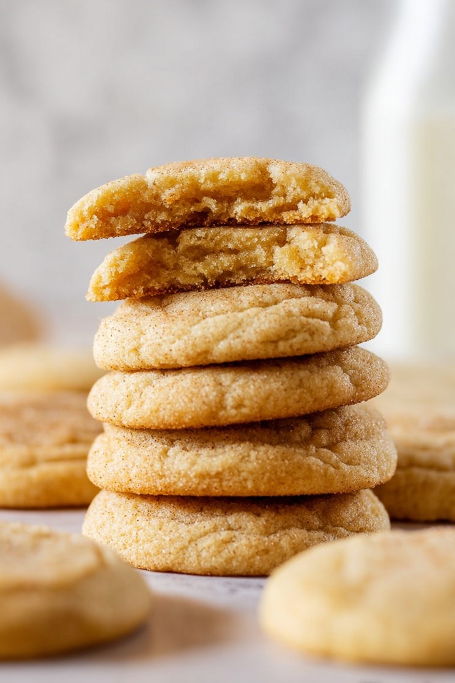 A stack of five round, soft cookies is shown close-up on a white marbled surface, with the top cookie broken in half revealing a crumbly and moist inside with a light golden-brown color. Around the stack, whole cookies lie flat, slightly blurred to keep focus on the tall stack in the center. In the background, a blurry white glass bottle is visible, adding a clean and simple look to the image. The cookies have a slightly cracked top with a light sugar coating, showing a soft texture inside. photo taken with an iphone --ar 2:3 --v 7