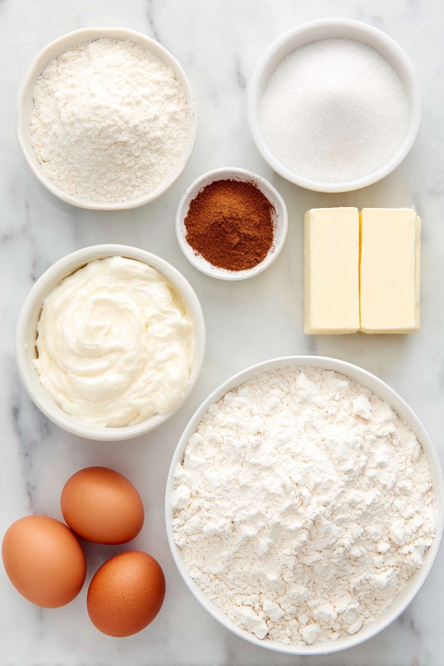 Flat lay of three cups of all-purpose flour in a simple white ceramic bowl, a small white bowl with cream of tartar powder, another small white bowl with baking soda powder, a small white bowl containing ground cinnamon, a small white bowl with salt, a large square of softened unsalted butter on a white ceramic plate, a white ceramic bowl filled with granulated sugar, a white ceramic bowl filled with packed light brown sugar, one whole large egg with a clean shell, one whole large egg yolk resting on a pristine white ceramic dish, a small white bowl holding pure vanilla extract, and a small white bowl with a mixture of granulated sugar and ground cinnamon for coating, all arranged symmetrically and balanced, placed on a clean white marble surface, soft natural light, photo taken with an iPhone, professional food photography style, fresh ingredients, white ceramic bowls, no bottles, no duplicates, no utensils, no packaging --ar 2:3 --v 7 --p m7354615311229779997