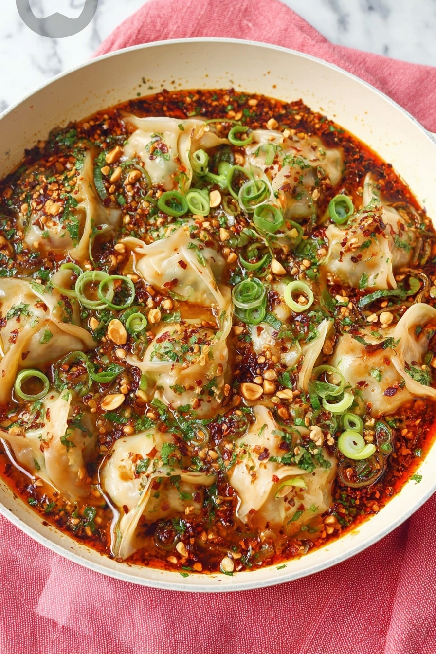 A white pan is filled with many thin dumplings in bright orange sauce, topped with bits of green herbs, small chopped peanuts, and dark red chili flakes scattered all over. The dumplings are soft and folded, with some sauce bubbling around their edges. A woman's hand holding a gold spoon is lifting a dumpling, showing layers of sauce underneath. The background is a white marbled texture with a white plate with green dots and wooden chopsticks nearby, and a green cup with leaf patterns sits at the top right corner. The pan rests on a soft pink cloth. photo taken with an iphone --ar 2:3 --v 7
