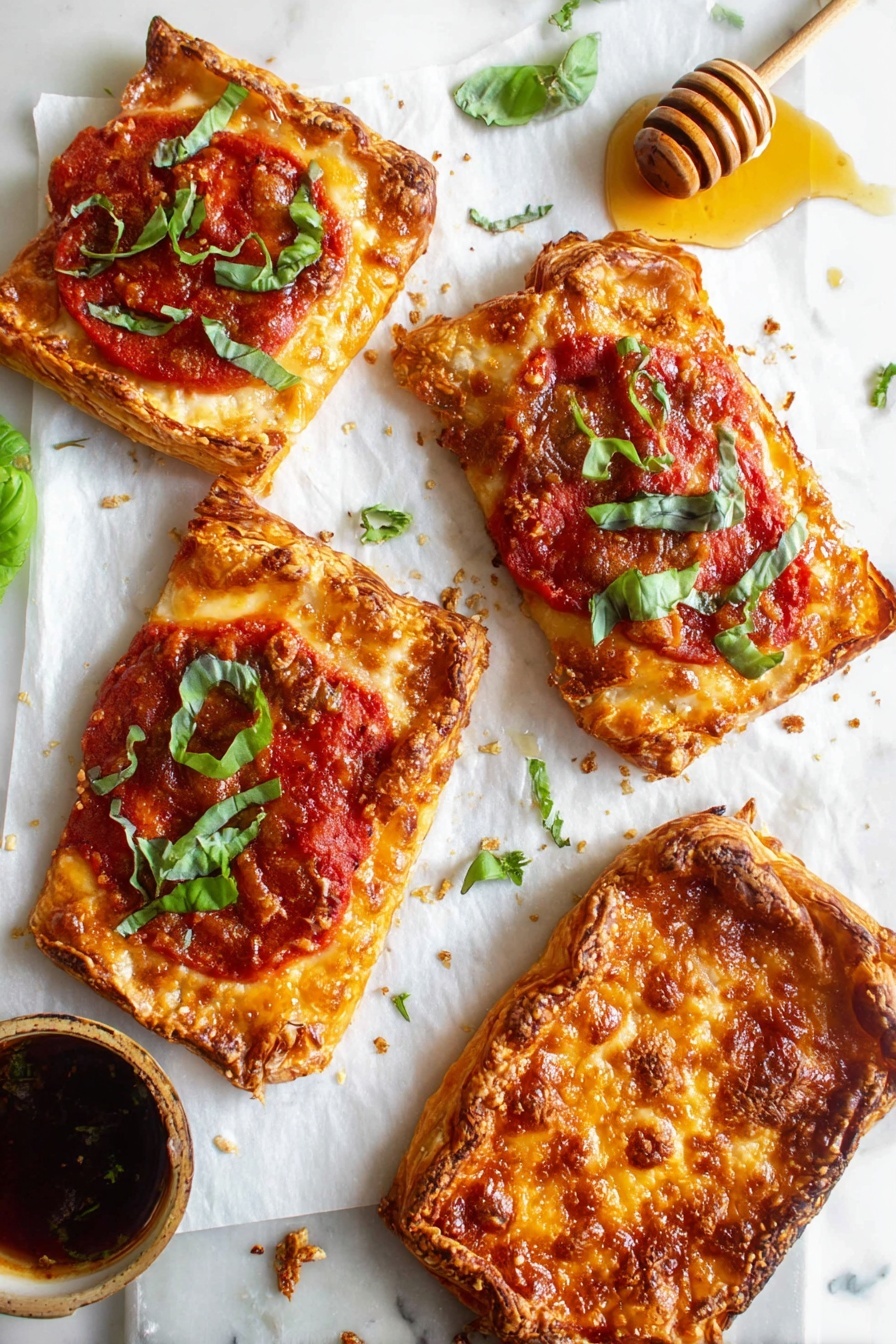 The image shows four pieces of crispy rectangular flatbread pizzas on white parchment laid over a white marbled surface. Each piece has a golden-brown crispy crust with melted cheese on the edges. Three pieces have a layer of red tomato sauce topped with scattered fresh green basil leaves. One piece is covered with browned melted cheese only, and it looks thicker and puffier than the others. Some small green basil pieces are scattered around the flatbreads. A small bowl with dark sauce is visible in the bottom left corner, and a honey dipper with some honey is placed in the top right corner. photo taken with an iphone --ar 2:3 --v 7