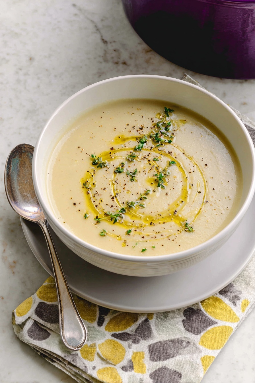 A white bowl filled with light yellow creamy soup, topped with a swirl of golden olive oil, small green herb leaves, and a sprinkle of black pepper. The bowl is placed on a stack of white plates, with a patterned cloth napkin in beige and gold tones partly under it. A silver spoon lies next to the bowl on the plates. In the background, a large purple pot with soup and a ladle inside is visible. The whole scene is set on a white marbled surface. photo taken with an iphone --ar 2:3 --v 7