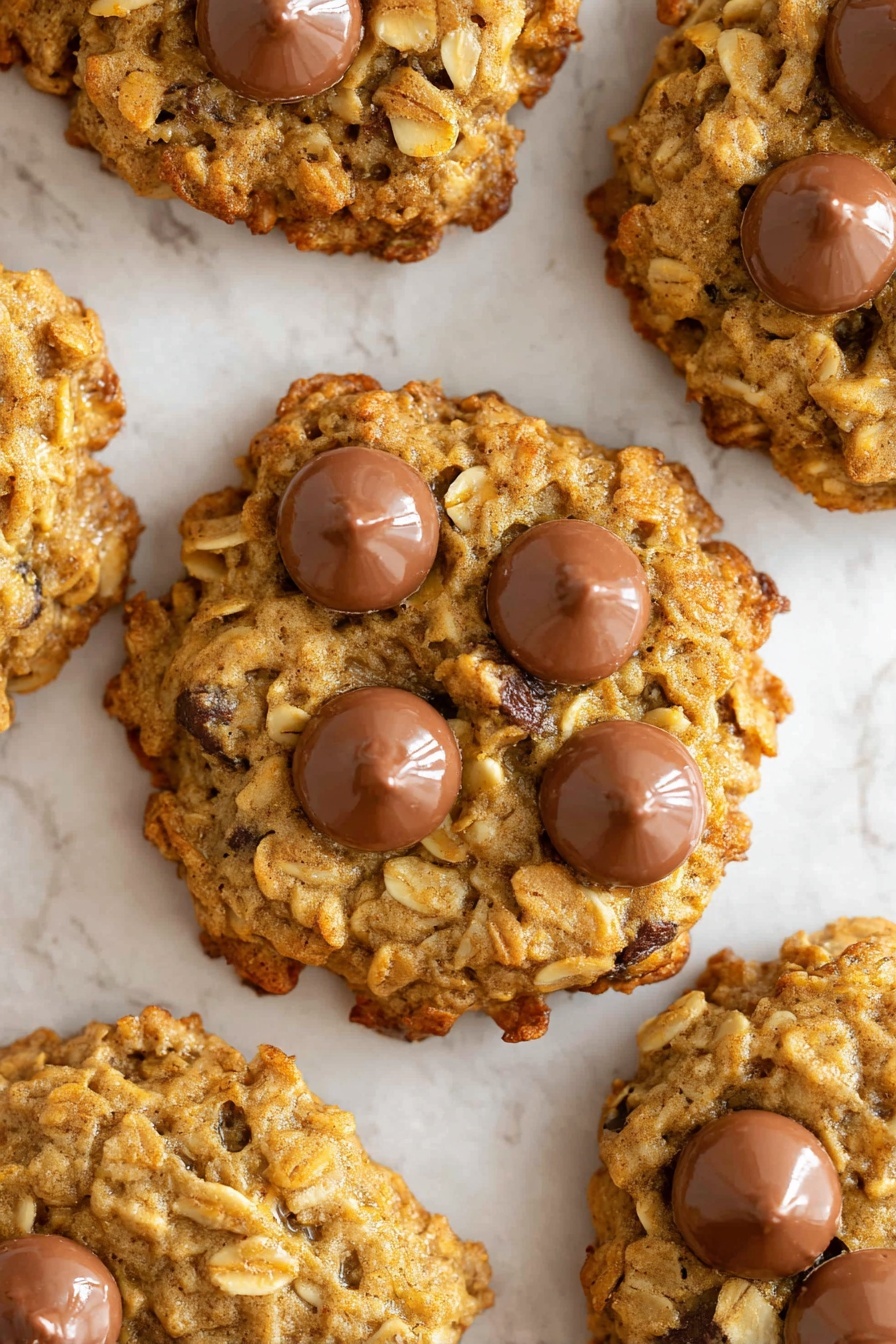 Several round oatmeal cookies with uneven edges are spread on white parchment paper over a white marbled surface. Each cookie is golden brown with a rough texture from oats and small pieces of banana. The top of every cookie has melted chocolate chips, some larger and glossy with a smooth surface and some smaller, slightly melted. One cookie is broken in half, showing the soft, chewy inside filled with oats and banana bits. A few extra chocolate chips are scattered around the cookies. photo taken with an iphone --ar 2:3 --v 7