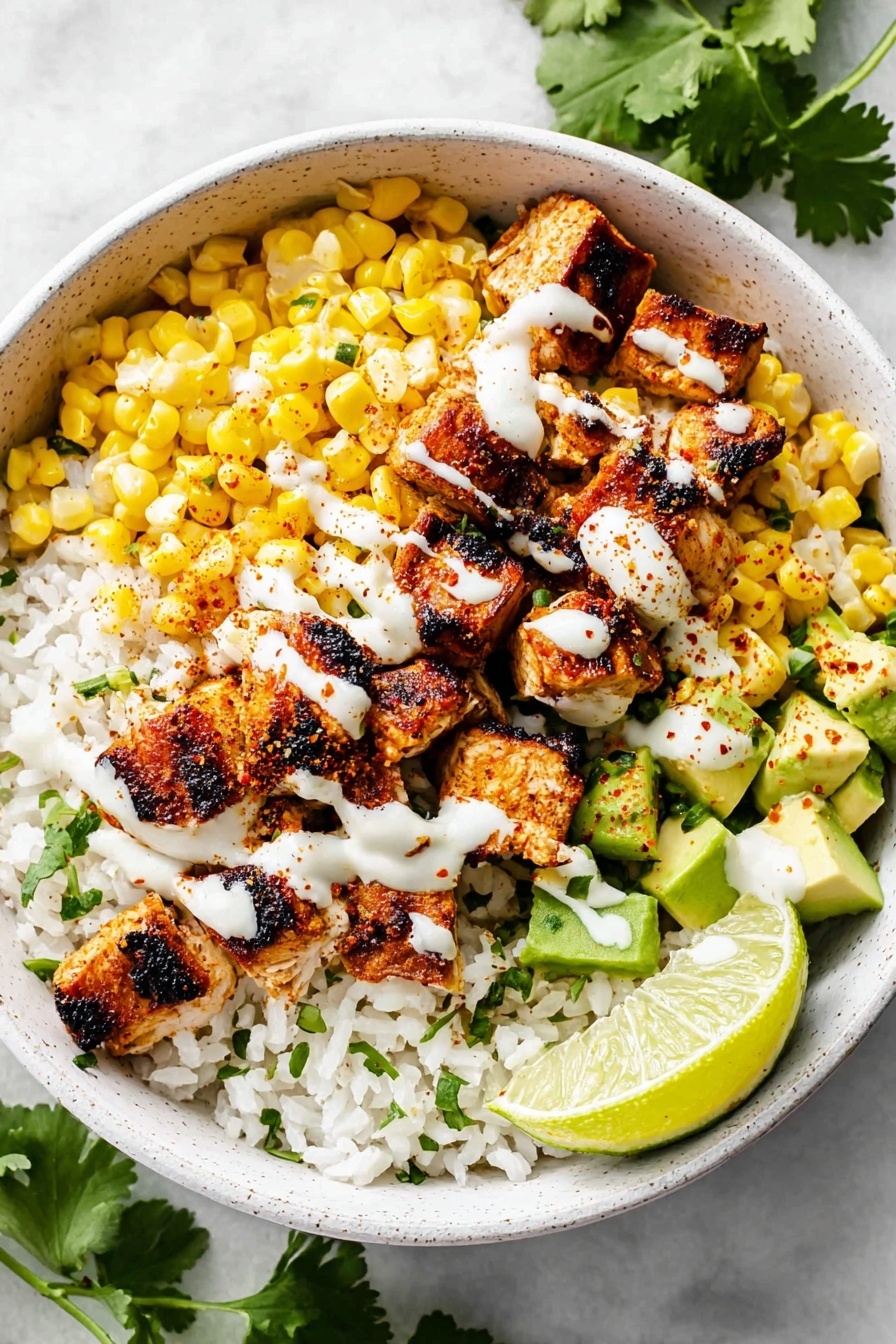 A white bowl filled with three main layers starting with white rice at the bottom, topped with bright yellow corn kernels mixed with green chopped cilantro and avocado pieces on one side. On top, there are browned, grilled chicken cubes seasoned with spices, scattered with more fresh cilantro leaves. The grilled chicken is drizzled with a creamy white sauce and sprinkled with reddish chili powder. A wedge of green lime sits at the edge of the bowl. The bowl is placed on a white marbled surface with a lime half and cilantro sprigs nearby. Photo taken with an iphone --ar 2:3 --v 7