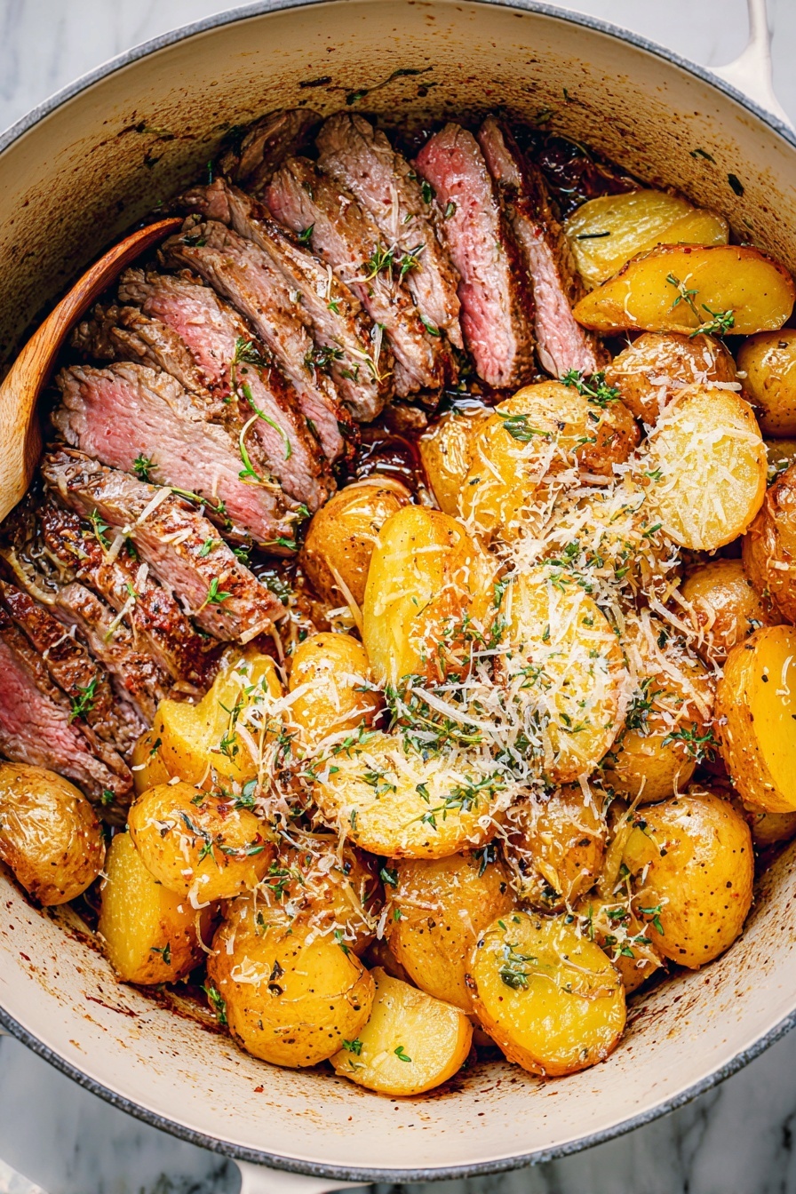 This image shows a white round pan with two main layers of food inside, placed on a white marbled surface. On the left side, there is a layer of thinly sliced medium-rare steak strips with a pink center and browned edges, sprinkled with fresh green herbs. On the right side, there is a thick layer of golden-yellow roasted potato wedges, sprinkled with small bits of grated white cheese and more herbs on top. A light brown wooden spatula rests on the right edge of the pan. The food looks seasoned with black pepper and has a slightly crispy texture on the edges. Photo taken with an iphone --ar 2:3 --v 7