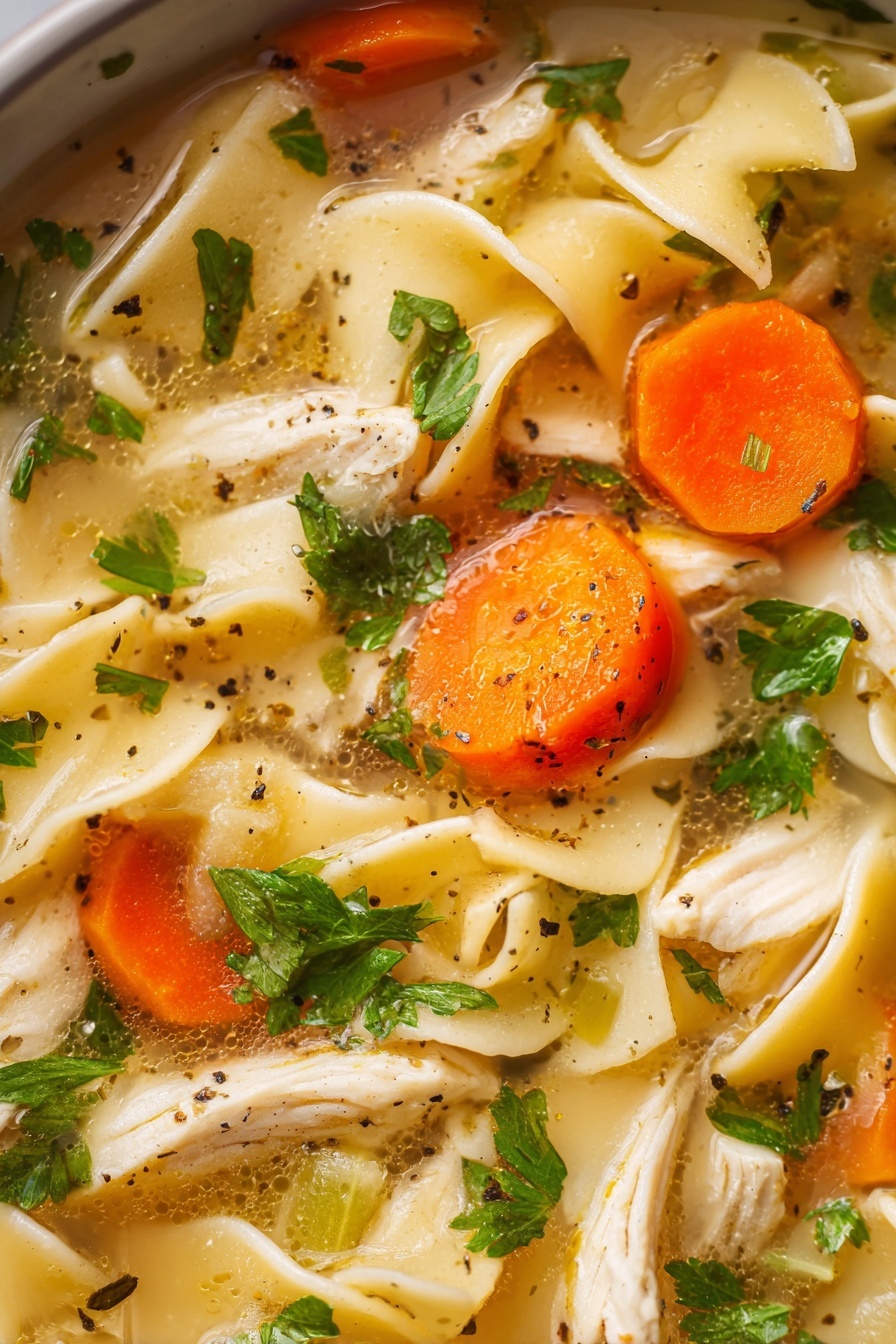 The image shows a close-up of a bowl of chicken noodle soup. The soup has clear broth with a light, yellowish tint. Inside, there are wide egg noodles with a soft texture, bright orange carrot slices, small pieces of white chicken meat, and fresh green parsley leaves scattered on top. Tiny drops of oil float on the soup surface, and some black pepper flakes sprinkle over the ingredients. The soup is in a white bowl placed on a white marbled surface. Photo taken with an iphone --ar 2:3 --v 7