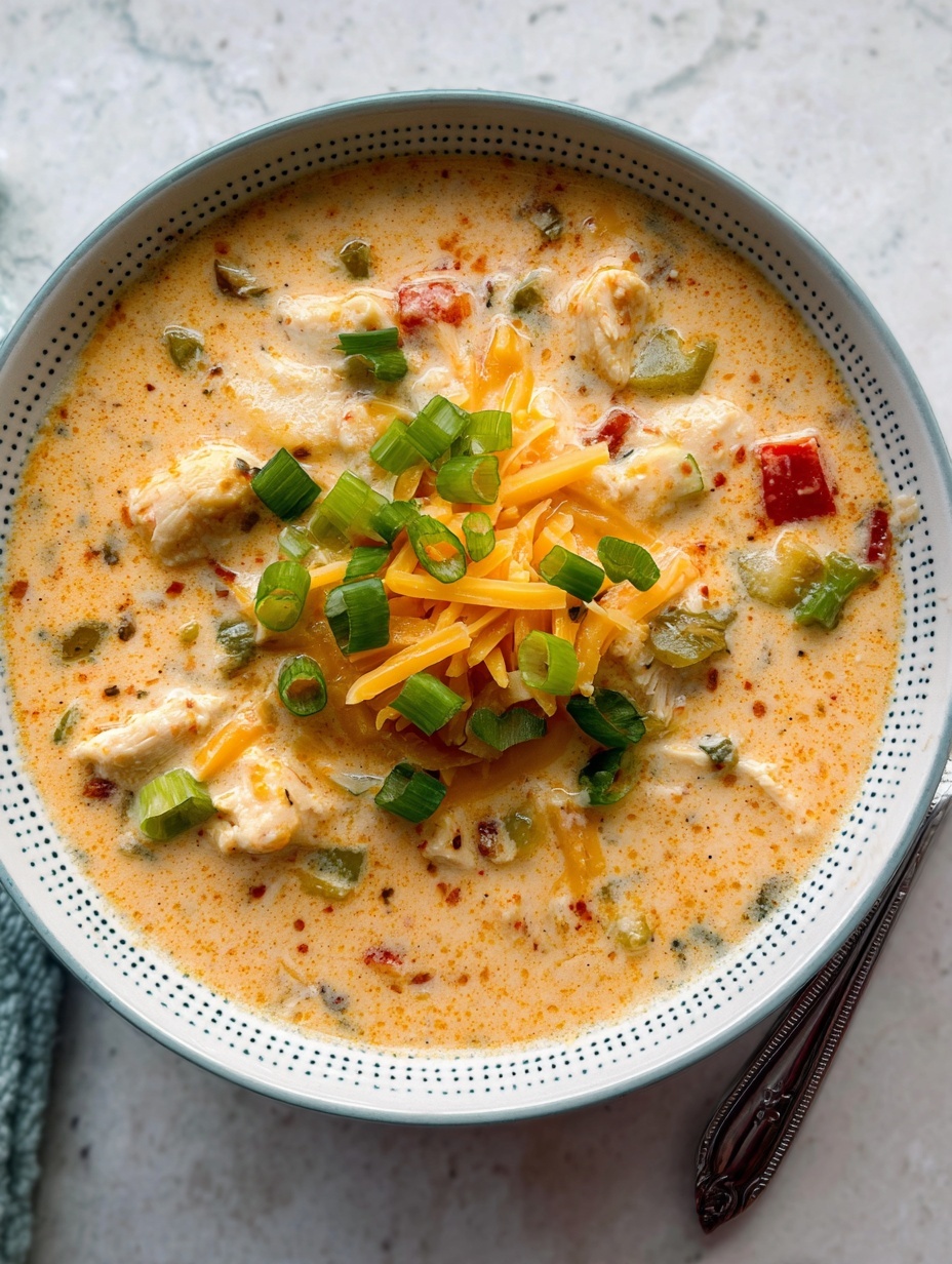 A close-up of a creamy soup served in a white bowl with a blue rim, filled with layers of small pieces of light beige chicken, finely chopped red and green bell peppers, and a creamy light orange broth. On top, there are bright green chopped spring onions and a pile of shredded yellow and white cheese. The soup surface shows small drops of red oil, and the bowl sits on a white marbled surface. Photo taken with an iphone --ar 2:3 --v 7