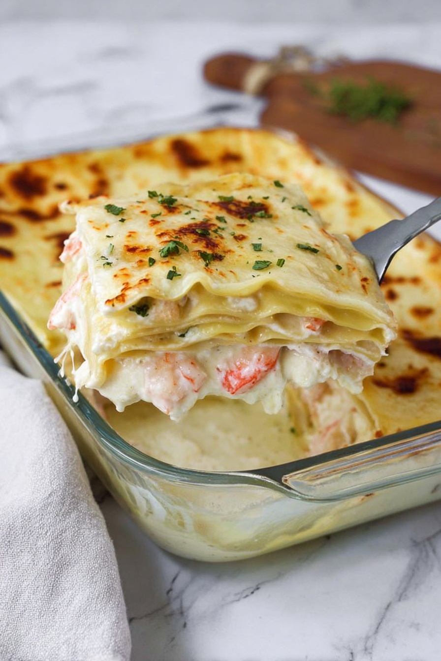 A glass baking dish holds a creamy layered pasta dish with four visible layers. The top layer is a golden, slightly browned cheese crust with small green herb pieces sprinkled on top. Below it are wide, flat pasta sheets that are pale yellow and glossy. Between the pasta layers, there are white creamy sauce layers mixed with chunks of white and pink seafood pieces. A sprig of green herbs decorates the middle of the upper surface. The dish is placed on a white marbled surface with a soft gray and white cloth in the background. A metal spatula lifts a slice, showing the layers clearly. Photo taken with an iphone --ar 2:3 --v 7