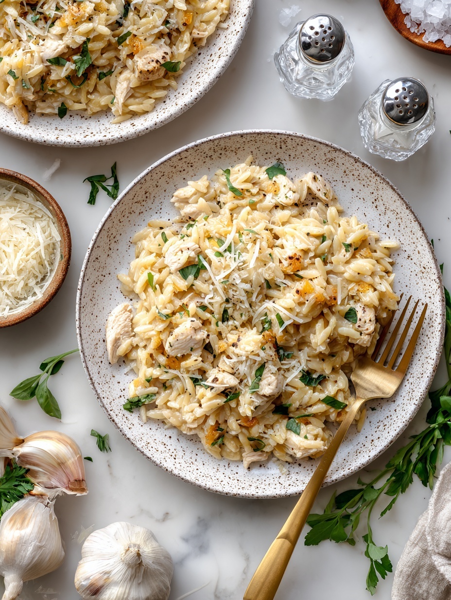 A plate with one layer of creamy orzo pasta mixed with small pieces of pale cooked chicken and light brown sliced mushrooms, sprinkled with grated white cheese and small green herb leaves on top. The pasta has a smooth, soft look with a few herbs mixed in. A gold fork rests on the right side of the plate, partially under the pasta. The plate is white with a subtle grey edge and sits on a white marbled surface. Behind it, another similar plate holds more of the same dish, and to the left, a small bowl filled with shredded white cheese is visible along with a whole garlic bulb and two small glass salt and pepper shakers. photo taken with an iphone --ar 2:3 --v 7