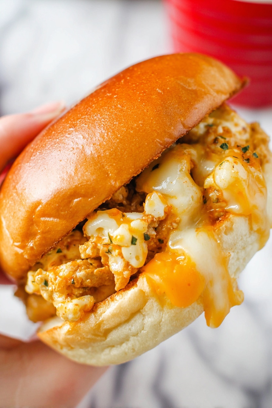 A close-up view of a sandwich being held by a woman's hand, showing a soft, shiny golden brown bun top and bottom. Inside the sandwich, there is a creamy, chunky orange mixture with bits of seasoned chicken and melted yellow and white cheese strands flowing over the chicken. The sandwich looks warm and juicy, with the filling spilling slightly out of the bun. The background has a white marbled texture and a soft red blur in the distance. Photo taken with an iphone --ar 2:3 --v 7