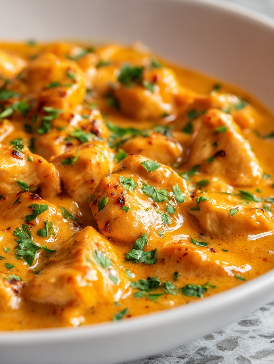 A white bowl is filled with two main layers: the left half has fluffy white rice sprinkled lightly with chopped green herbs, and the right half has yellow curry with chunks of chicken and thin red bell pepper strips, all covered in a creamy sauce and garnished with green herbs. A woman's hand holding a fork is lifting a piece of chicken from the curry side. In the background, there is a white bowl containing folded flatbreads on a white marbled surface, and a gray cloth napkin is placed under the main bowl. photo taken with an iphone --ar 2:3 --v 7