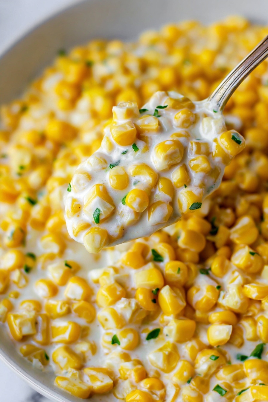 The image shows a close-up of a creamy corn dish with bright yellow corn kernels mixed with a white creamy sauce and small bits of green herbs scattered throughout. The creamy sauce lightly coats the corn, making it look smooth and moist. A spoon is scooping a portion of the corn from a white dish, highlighting the thick texture and creamy appearance of the mixture. The background surface is a white marbled texture. photo taken with an iphone --ar 2:3 --v 7