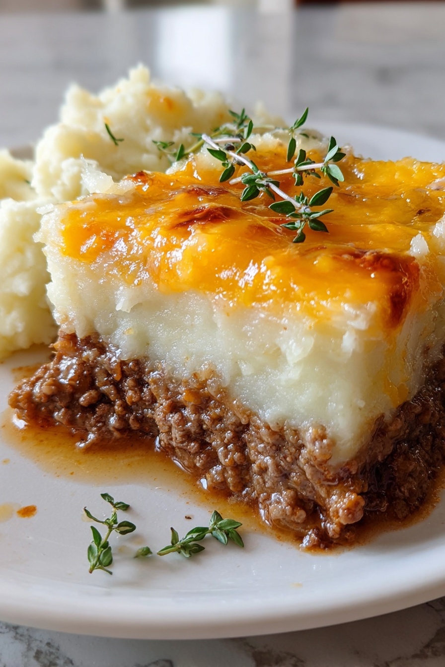 A close-up of a layered dish on a white plate, showing three main layers: a bottom layer of brown, crumbly cooked ground meat, a thick middle layer of smooth white mashed potatoes, and a top layer of melted bright yellow cheese with golden brown spots and a slight shine. A small fresh green herb sprig with tiny leaves rests on the cheese. In the background, there is a scoop of mashed potatoes on the white plate. The plate is set on a wooden table, but the background is softly blurred. Photo taken with an iphone --ar 2:3 --v 7