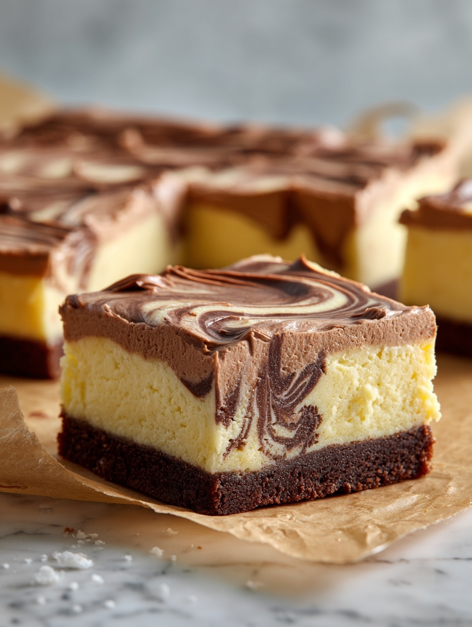 A square dessert bar with three visible layers sits on a white marbled surface. The bottom layer is a dark brown cake with a textured, slightly moist look. The middle layer is a creamy, light yellow cheesecake with dark brown swirls blending into the cake beneath. The top layer is a thick, smooth, light brown frosting spread evenly with soft peaks and gentle swirls. One piece is separate from the rest, showing the clean-cut sides of all three layers clearly. The photo is taken close-up, emphasizing the texture and contrast of each layer. photo taken with an iphone --ar 2:3 --v 7