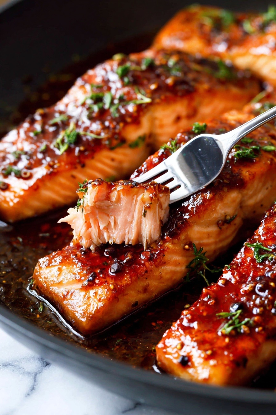 The image shows three pieces of cooked salmon with a shiny, dark amber glaze coating each piece evenly. The salmon has a rich orange-brown color with some black pepper and herbs sprinkled on top. One piece is being cut by a fork, revealing the soft, light pink inside of the fish. The salmon sits in a black pan filled with sauce, and the pan is placed on a white marbled surface. Small bits of green herbs are scattered on the salmon and sauce, adding a touch of color photo taken with an iphone --ar 2:3 --v 7