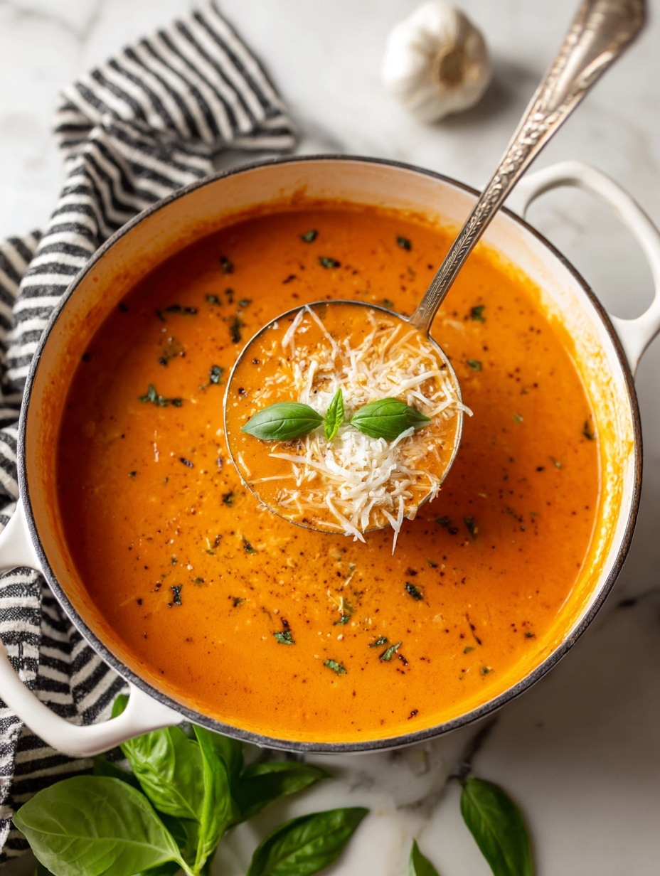 A large white pot filled with smooth, creamy tomato basil soup that is light orange with visible small black basil specks all over. In the center, there is a metal ladle holding a scoop of soup layered with finely chopped fresh green basil leaves and small white parmesan cheese bits on top. Around the pot are fresh green basil leaves, a bulb of garlic, and part of a striped black and white cloth on a white marbled surface. The overall scene is bright and fresh. photo taken with an iphone --ar 2:3 --v 7