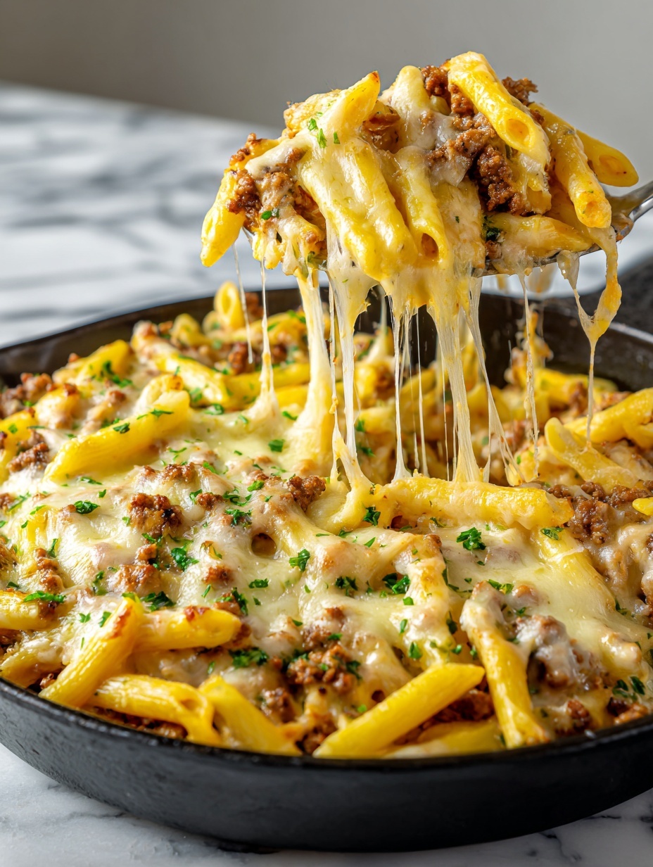 The image shows a close-up of a skillet filled with creamy pasta and ground beef. The pasta is yellow penne, mixed with brown ground beef and melted cheese that stretches in strings. There are small green herb pieces sprinkled on top, adding some color. The food looks hot and fresh in the black skillet, with a woman's hand holding a wooden spatula lifting a portion. The background is a white marbled surface. photo taken with an iphone --ar 2:3 --v 7