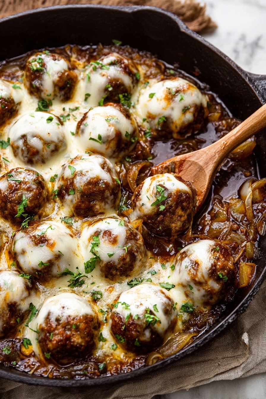 A black skillet filled with round meatballs topped with melted white cheese that is slightly browned and bubbly. The meatballs sit on a layer of caramelized chopped onions in a rich brown sauce, scattered with small green herb leaves. A wooden spoon rests inside the skillet, partially stirring the sauce and meatballs. The skillet is placed on a piece of brown burlap on a white marbled surface. photo taken with an iphone --ar 2:3 --v 7