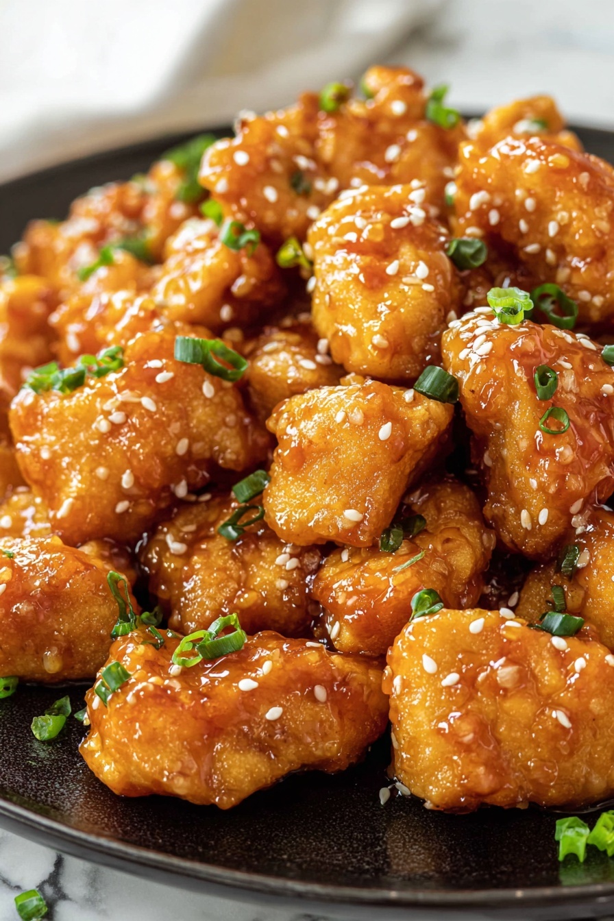 A close-up view of many small, golden brown fried chicken pieces covered in shiny orange sauce, spread on a white plate. The chicken pieces are sprinkled with white sesame seeds and chopped green onions. The colors are warm with the sauce giving a glossy texture, contrasting with the fresh green onion pieces. The background surface is a white marbled texture, creating a clean look. photo taken with an iphone --ar 2:3 --v 7