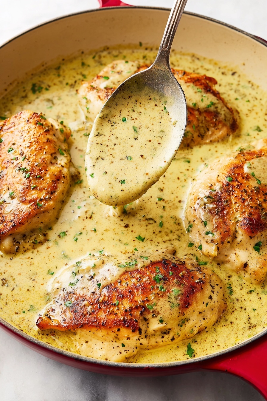 Four cooked chicken pieces with a light golden-brown grilled texture sit in a creamy pale yellow sauce inside a black cast iron pan with a bright red handle. The sauce is thick and smooth, speckled with small green herbs that add color and texture. A shiny silver spoon holds some of the sauce above one chicken piece, showing the sauce's creamy consistency. The pan is placed on a white marbled surface. photo taken with an iphone --ar 2:3 --v 7