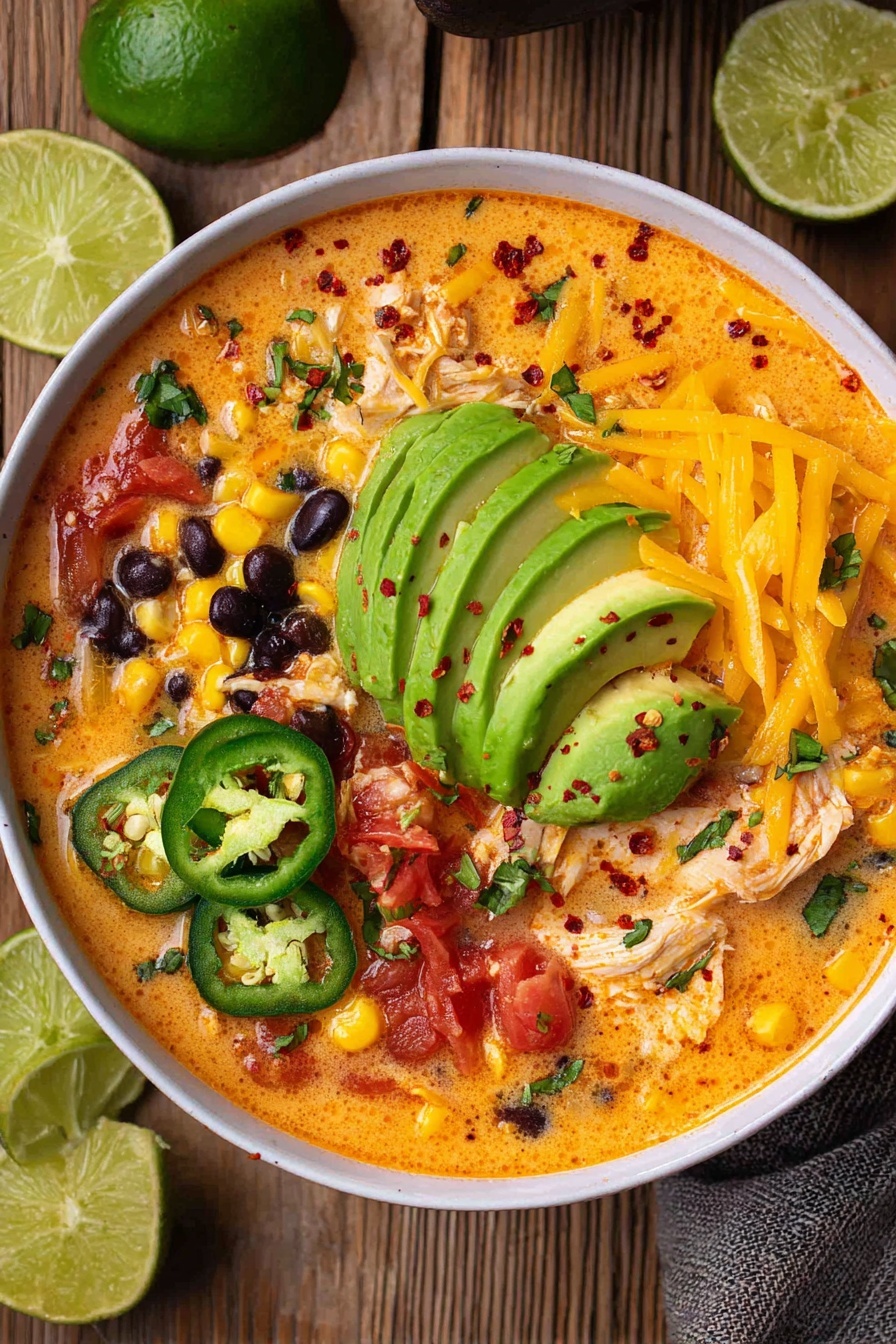 A white bowl filled with a creamy orange soup base containing visible bits of shredded white chicken, black beans, yellow corn kernels, and small red chili flakes. On top, there are several sliced green avocado pieces arranged in the center, next to bright yellow shredded cheddar cheese and two lime wedges. Scattered green herbs and slices of green jalapeños add more color and texture to the dish. The bowl sits on a rustic wooden surface with extra lime wedges around, against a white marbled background. Photo taken with an iphone --ar 2:3 --v 7