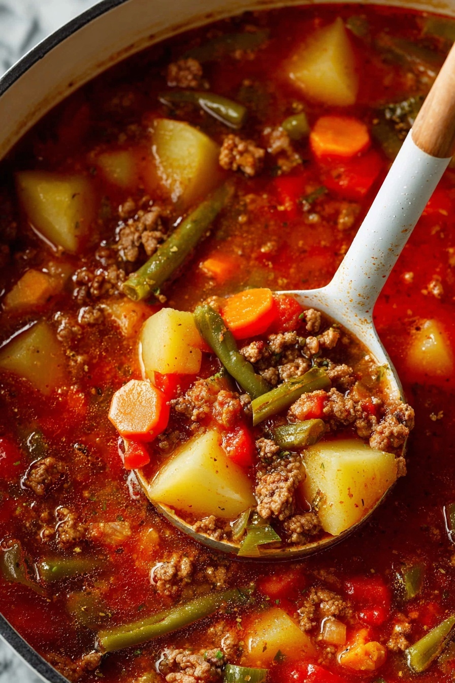 The image shows a close-up of a rich stew in a pot with a white-surfaced ladle lifting some from the center. The stew has layers of chunky ingredients: yellow potato pieces, bright orange carrot slices, green celery and green beans, small pieces of red bell pepper, corn kernels, and browned ground meat, all immersed in a deep red, slightly oily broth. The textures vary from soft vegetables to small, crumbly meat bits, with visible herbs sprinkled throughout. The ladle is held by a person's woman’s hand, and the background is a white marbled texture. Photo taken with an iphone --ar 2:3 --v 7