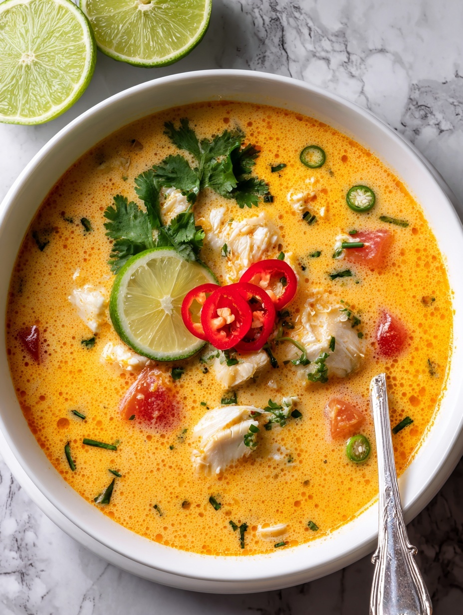 A white bowl filled with creamy orange soup shows three main layers: the smooth orange broth as the base, with white pieces of chicken and light beige mushroom slices scattered inside, and green slices of spring onions floating on top. On the surface, round slices of red chili with seeds are placed next to bright green leaves of fresh cilantro. Two thin lime wedges with green peel and pale inside sit on the left side of the bowl. The bowl rests on a white marbled textured surface next to a brown textured cloth with fringes photo taken with an iphone --ar 2:3 --v 7