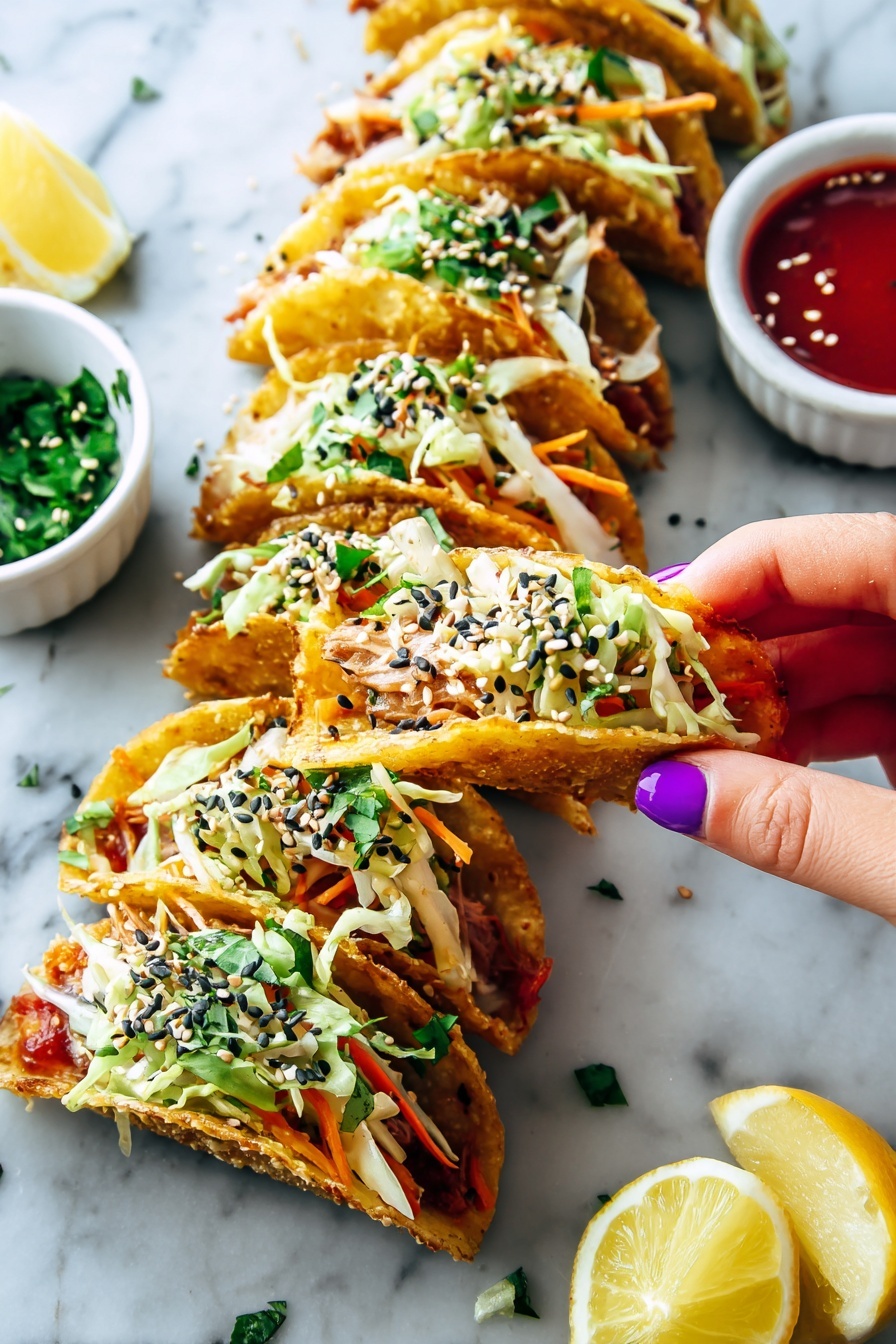 The image shows several small tacos arranged in a slightly curved line on a white marbled surface, each taco having a golden, crispy outer shell with visible bubbled texture. Each taco is filled with a mix of light brown cooked meat at the bottom, topped with a colorful layer of shredded vegetables, including white cabbage, orange carrots, and purple cabbage, all mixed with bright green chopped herbs. The tacos are sprinkled with white and black sesame seeds. One taco is being held by a woman's hand with bright purple nail polish, dipping it into a small white bowl filled with shiny red sauce. In the background, there are two white bowls: one with black and white sesame seeds and the other with more green herbs, plus two lemon wedges resting directly on the surface. Photo taken with an iphone --ar 2:3 --v 7