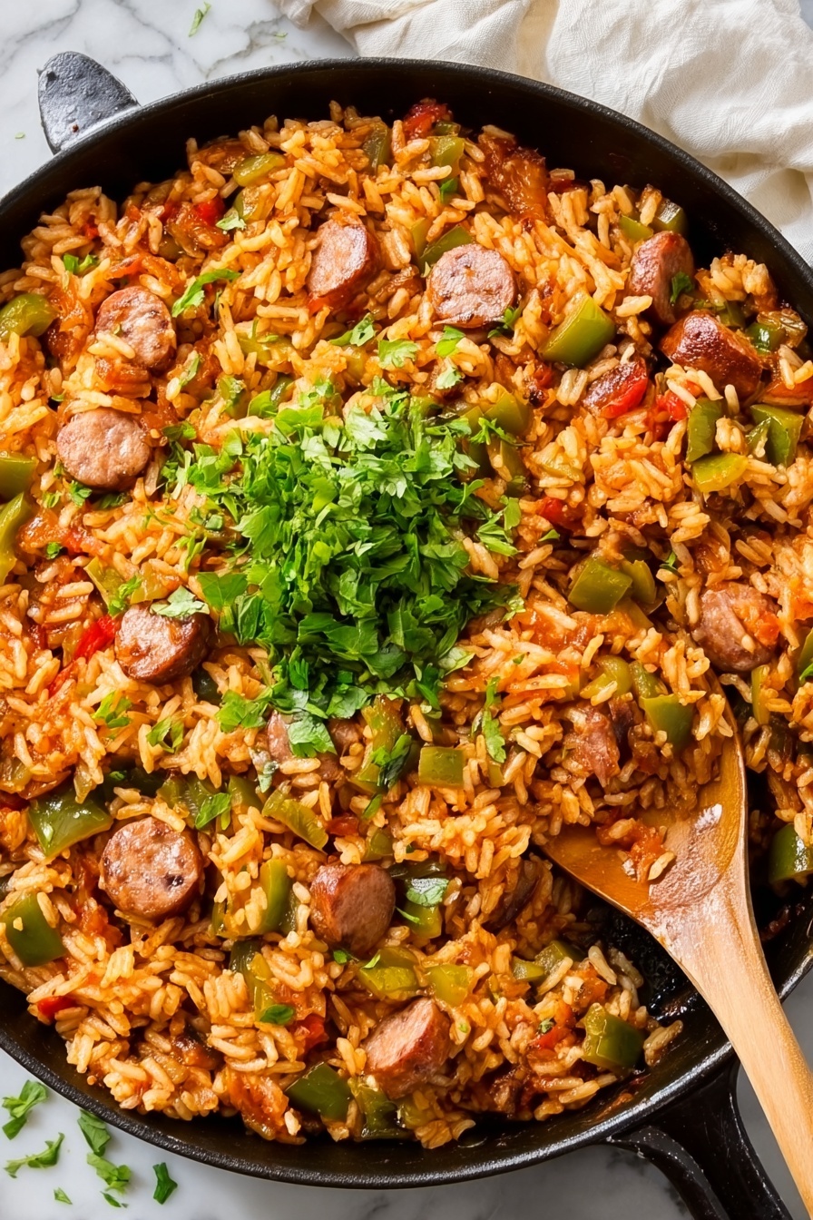 A white shallow bowl filled with a colorful mix of cooked orzo pasta, sliced sausage rounds, diced green bell peppers, small mushroom pieces, and diced tomatoes. The orzo is light golden with a moist, saucy texture and is evenly mixed with the vegetables and sausage. Fresh chopped green herbs are scattered on top, adding bright green splashes around the dish. The bowl sits on a white marbled surface with a small white bowl of more chopped green herbs placed nearby. Photo taken with an iphone --ar 2:3 --v 7