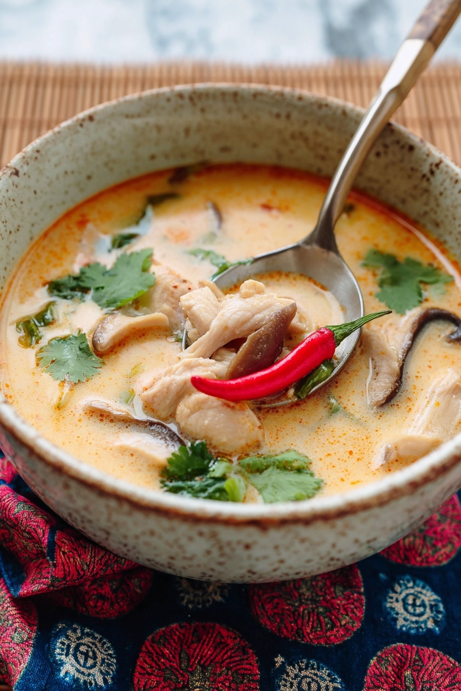 The image shows a bowl of creamy soup with several layers of ingredients visible. The first layer is a light orange creamy broth filling the bowl. Floating in the broth are pieces of light pink meat, sliced mushrooms with a soft brown color, bright green cilantro leaves, and a single whole red chili pepper positioned near the center. A silver spoon with a wooden handle is lifting some of the meat and mushrooms from the bowl. The bowl is white with subtle darker speckles and sits on a red and blue cloth with a woven pattern, all placed on a white marbled surface. The photo taken with an iphone --ar 2:3 --v 7