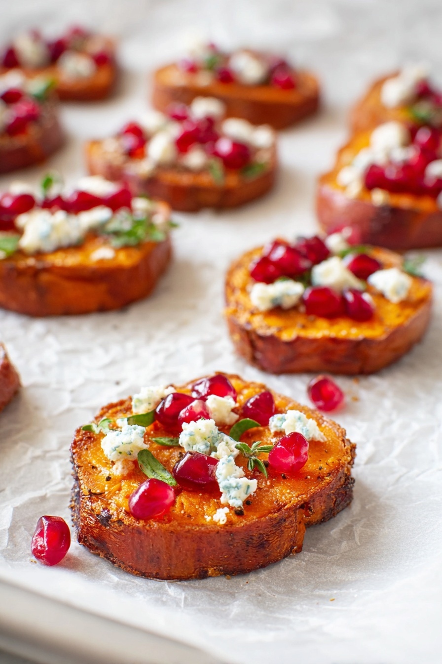 The image shows several small round slices of roasted sweet potato laid out on white paper on a tray. Each slice has two layers: the thick, browned orange sweet potato base with crispy edges, and on top small white crumbly cheese pieces mixed with bright red pomegranate seeds and tiny green herb bits sprinkled evenly. The sweet potato has a textured skin edge in brown color. The background is a white marbled surface. The focus is close on one slice in front with soft focus on others behind. Photo taken with an iphone --ar 2:3 --v 7