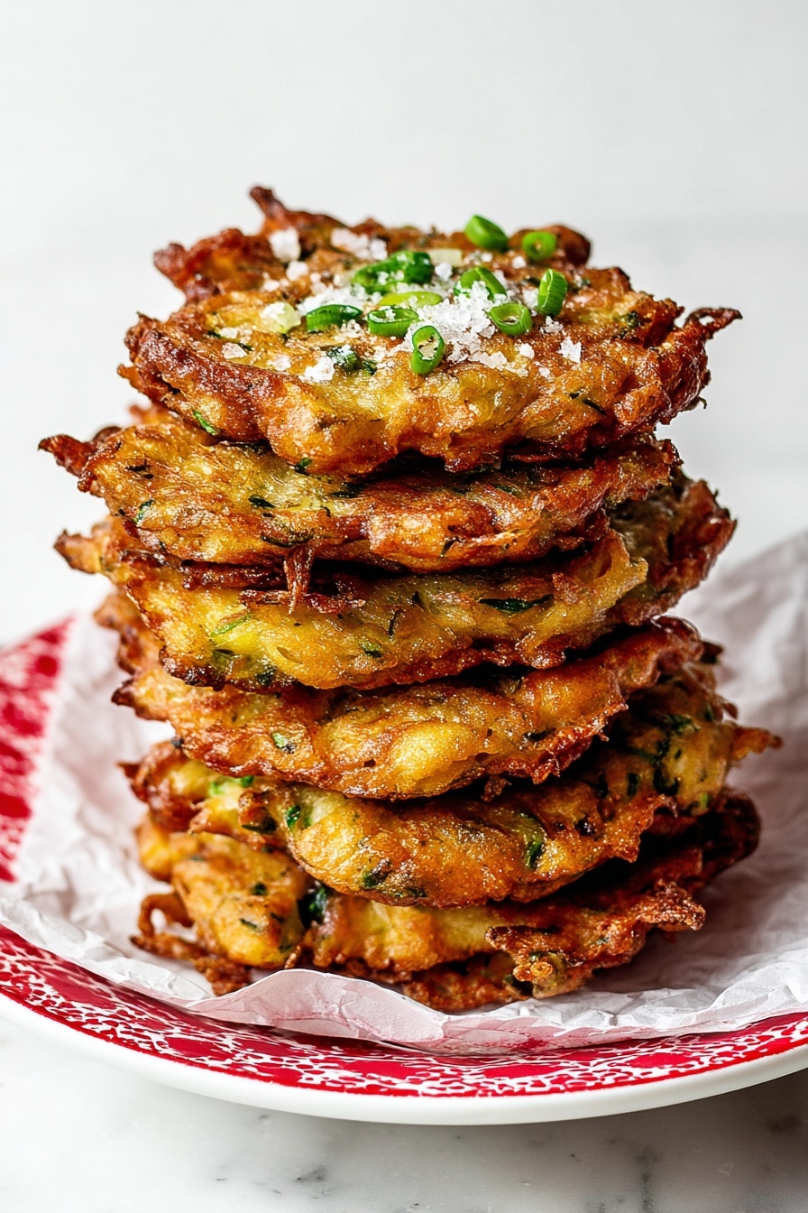The image shows a stack of seven golden brown fritters on a white enamel plate with red patterns, lined with white parchment paper. Each fritter is thick and uneven with crispy edges, showing bits of green herbs and vegetables inside. The fritters have a rough texture with some areas darker and crunchy, topped with small green onion pieces and flakes of salt. The plate sits on a white marbled surface with visible dark lines, and the background is plain and white. Photo taken with an iphone --ar 2:3 --v 7