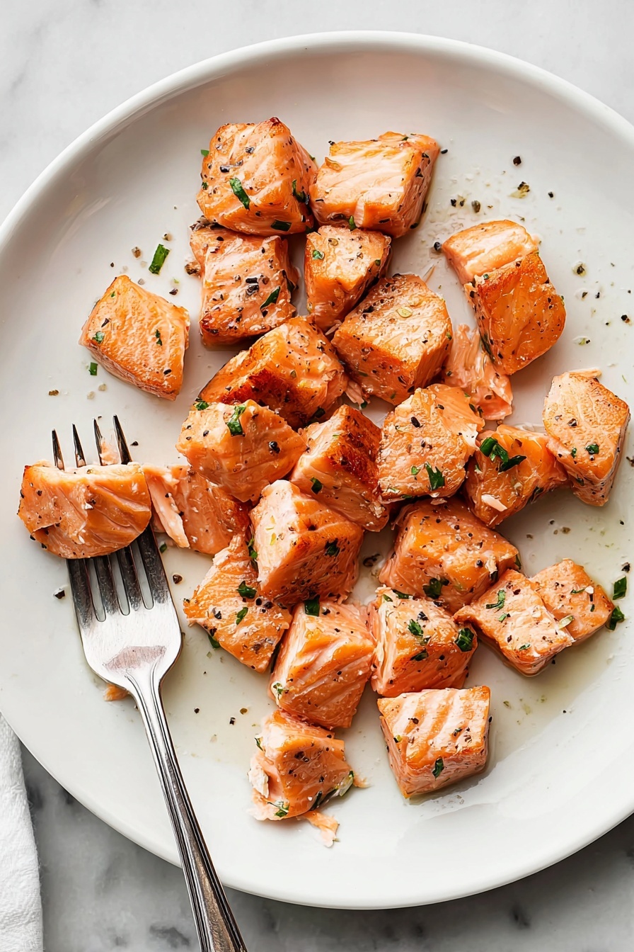 A white plate holds about twenty small pieces of cooked salmon, each piece showing a bright orange color with light seared edges and scattered black pepper specks. Some pieces also have tiny green herb bits on them. The texture looks soft and slightly shiny from juices, and a silver fork rests on the upper left side of the plate touching some salmon pieces. The plate is placed on a white marbled surface with a light cloth napkin visible at the bottom left corner. photo taken with an iphone --ar 2:3 --v 7
