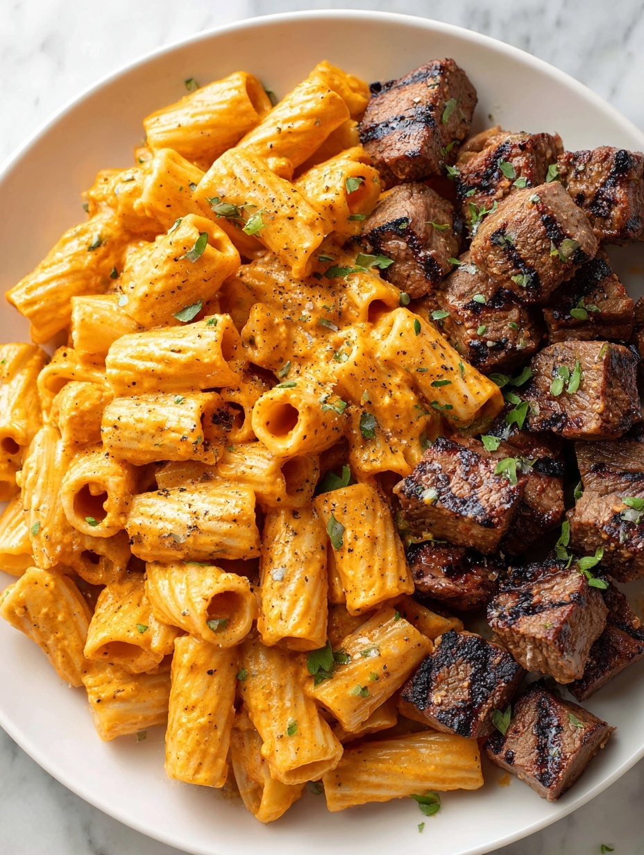 The dish shows a white round plate filled with two main sections: on the left, a thick layer of rigatoni pasta covered in creamy orange cheese sauce with a slightly shiny texture, sprinkled with black pepper on top, and on the right, a layer of dark brown seared steak cubes with a shiny glazed surface, arranged closely together. The plate sits on a white marbled surface. Photo taken with an iphone --ar 2:3 --v 7