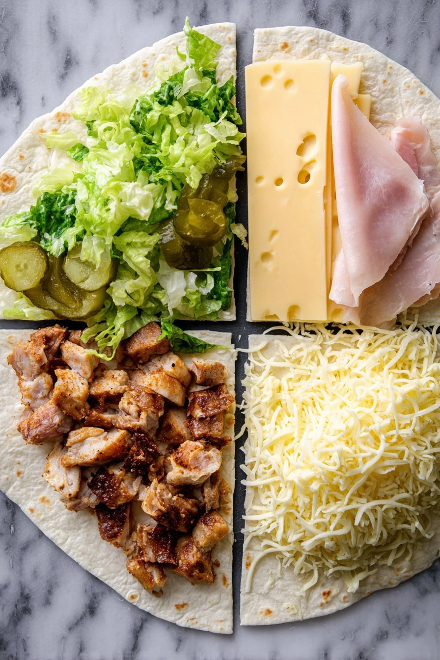 A close-up of a grilled sandwich held by a woman's hand, showing two halves with a golden-brown, crispy bread on the outside. Inside, there are several layers: a bottom layer of green leafy vegetables, followed by melted white cheese stretching slightly between the halves, a thick pinkish piece of meat in the middle, more melted cheese, and some cooked green herbs or veggies on top. The sandwich looks warm and melty with some browned crispy edges. In the background, there is another sandwich piece and lime wedges on a white marbled surface. Photo taken with an iphone --ar 2:3 --v 7