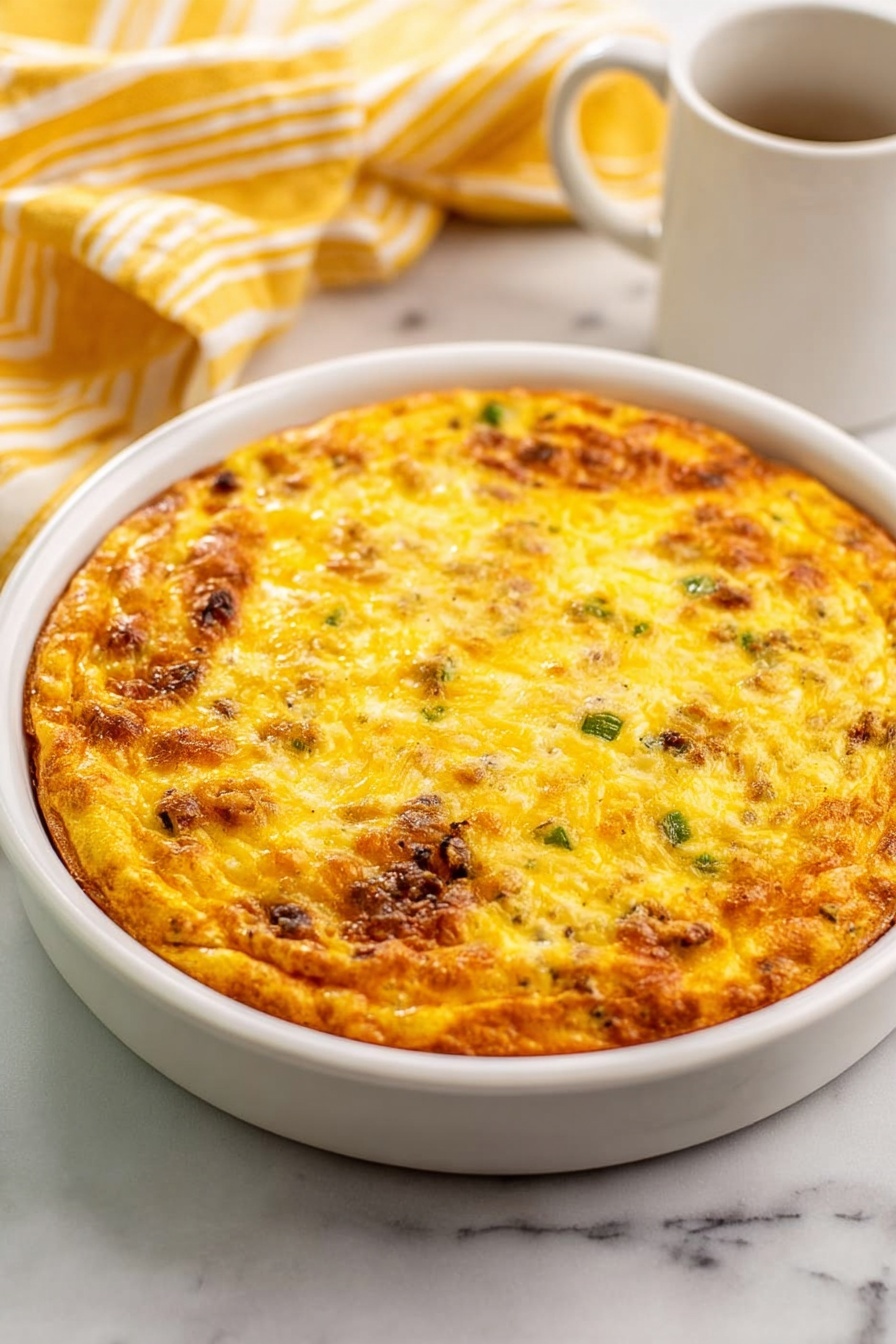 A slice of baked casserole is shown on a white plate with a patterned surface. The casserole has two main layers: a bottom layer mixed with small pieces of browned ground meat and a thicker top layer of baked egg mixed with melted golden-yellow cheese that has slightly browned spots on top. The slice has a firm but soft texture with a slightly crispy top. Next to the slice is a silver fork, and in the background, the rest of the casserole is seen in a white round dish. The whole scene rests on a white marbled textured surface. photo taken with an iphone --ar 2:3 --v 7