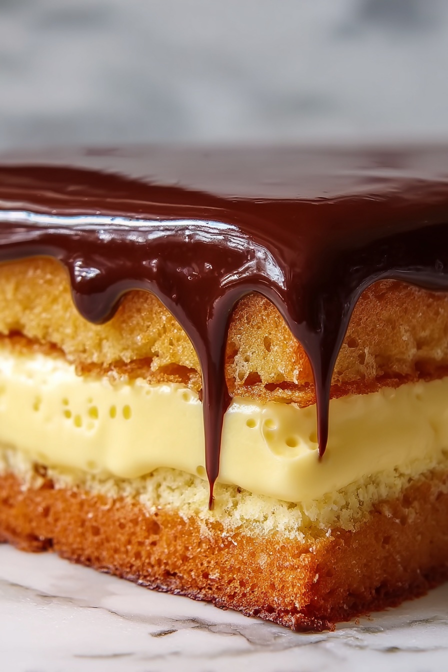 A two-layer round vanilla cake sits on a white plate on a white marbled surface. The bottom and top layers are light golden with a soft, airy texture. Between the two cake layers is a thick, creamy pale yellow filling. The cake is topped with a shiny, smooth dark chocolate glaze that drips slightly over the edges. A single slice is removed from the cake, showing the distinct layers and creamy filling. The surface bears soft swirls of the chocolate glaze. photo taken with an iphone --ar 2:3 --v 7