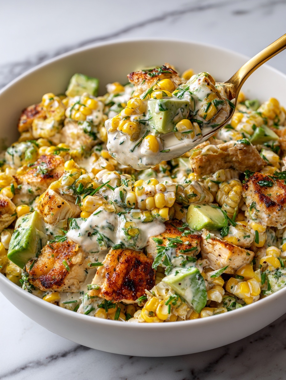 A white bowl filled with a layered dish starting with a base of white rice, topped with roasted golden-brown pieces that look like meat or tofu, scattered yellow corn kernels, and chunks of pale green avocado. The entire dish is covered with a creamy white sauce speckled with green herbs. A golden spoon is holding a close-up scoop of the dish, showing the creamy sauce coating the corn, avocado, and roasted pieces against a white marbled background. photo taken with an iphone --ar 2:3 --v 7