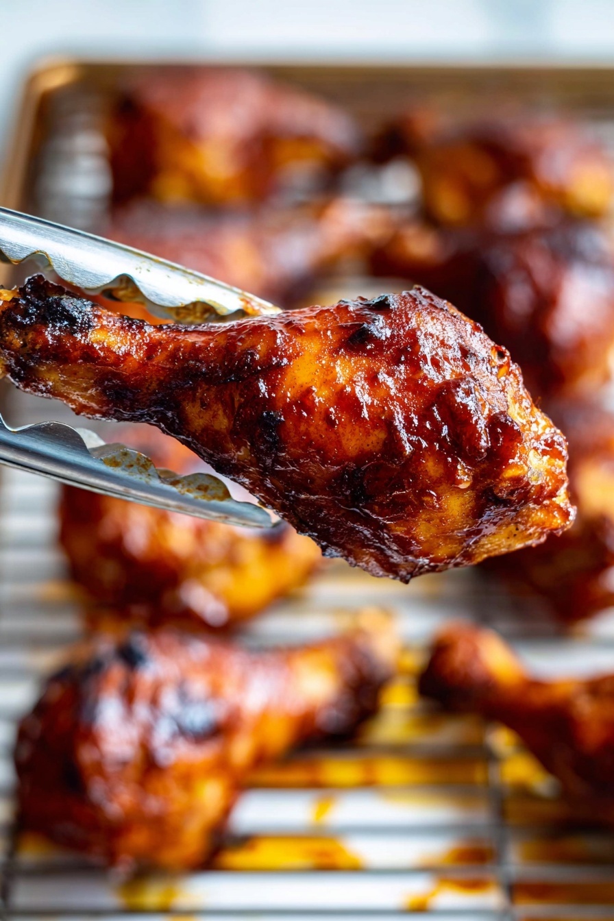 The image shows ten grilled chicken drumsticks arranged on a metal rack above a baking tray. Each drumstick has a dark, shiny, caramelized coating with crispy, charred edges and a mix of deep reddish-brown and blackened colors. The tray beneath has stains of sauce and oil, adding a textured background of golden and dark brown spots. The rack lines run horizontally, contrasting with the curved shapes of the drumsticks. The whole setup is placed on a white marbled surface. photo taken with an iphone --ar 2:3 --v 7