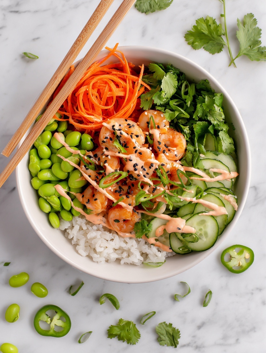 The image shows a white bowl with five layers of food placed on a white marbled surface. The bottom layer is white rice, covering the entire bowl. Starting from the top left, there are sliced green peppers, bright orange cooked shrimp with a light sauce and black sesame seeds on top, thin carrot sticks below the shrimp, fresh green cilantro leaves to the left of the carrots, and green edamame beans along the right and bottom edges. To the far right in the bowl, there are sliced cucumber pieces with a pink sauce drizzled on them. A pair of light brown chopsticks rest on the left side of the bowl, leaning toward the shrimp. In the background, small bowls hold more bright green edamame beans and red sauce. Photo taken with an iphone --ar 2:3 --v 7